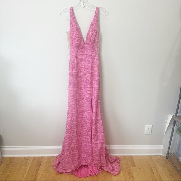 Jovani Royal V Neck Fitted Gown Dresss Hot Pink Metallic Shimmer Prom Wedding - Picture 1 of 16